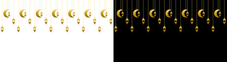 Decorative golden crescent moon and hanging lantern chain border elements arranged for ramadan celebrations and islamic holidays © Runtlank