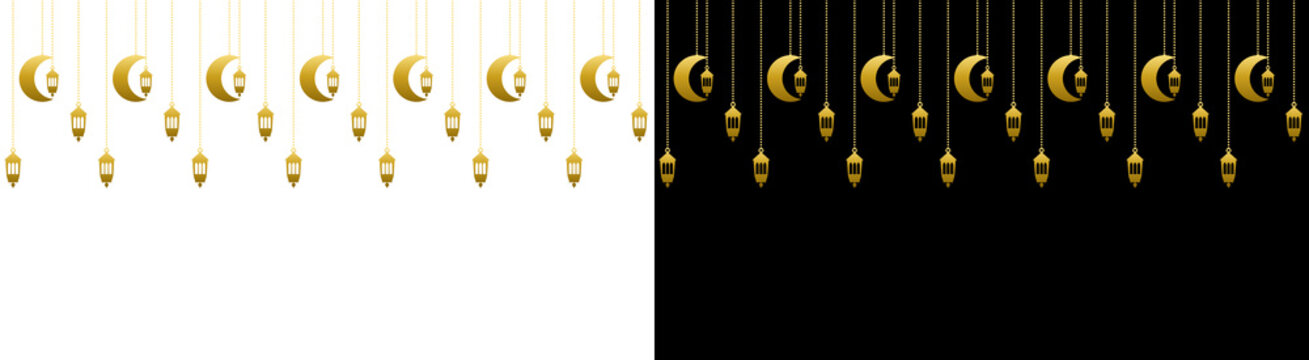 Decorative golden crescent moon and hanging lantern chain border elements arranged for ramadan celebrations and islamic holidays