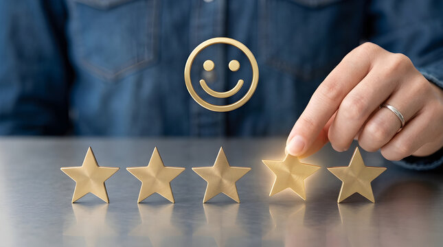 Customer feedback concept showing hand placing gold star for excellent service and best quality rating experience