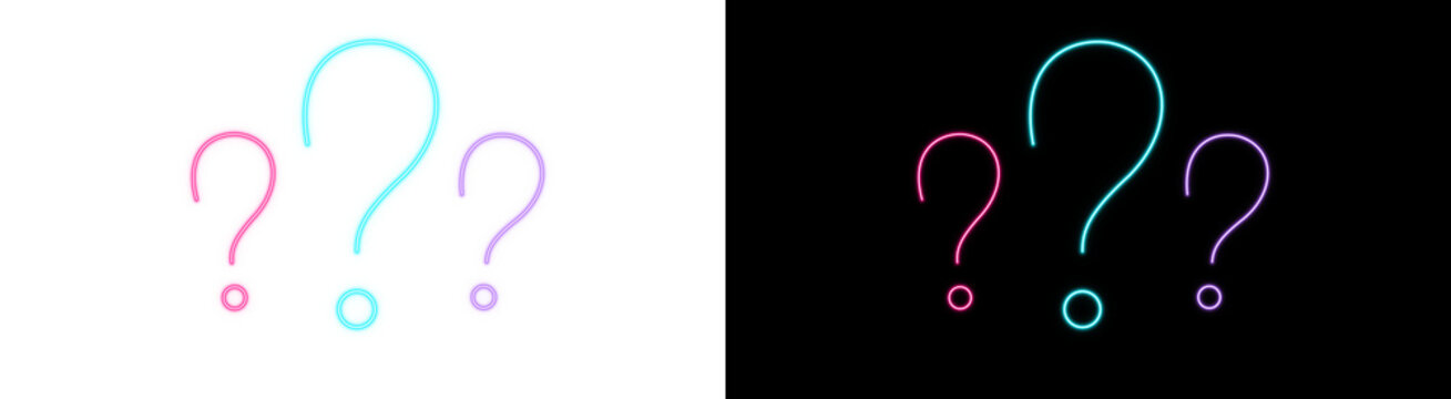 Neon question mark symbols in vibrant colors set against plain white and deep black backgrounds for modern creative design