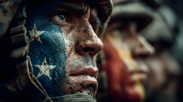 Close up portrait of a soldier with face paint depicting the American flag stars and stripes pattern.