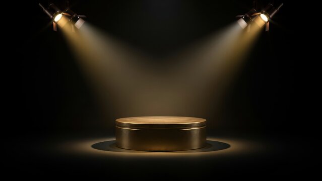 Golden round podium under warm spotlights, empty stage pedestal for product display, dark studio background