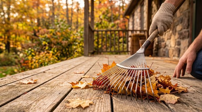 Autumnal Cleanup: A gloved hand wields a rake, gathering fallen leaves on a wooden deck, with a rustic house and colorful autumn foliage in the background.