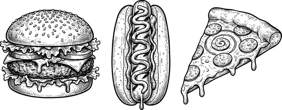 Hand drawn vintage fast food collection featuring a detailed burger hot dog and pepperoni pizza slice graphic.