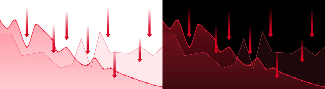 Dual split screen financial chart showing falling red market trends with indicator arrows on white and black background layouts