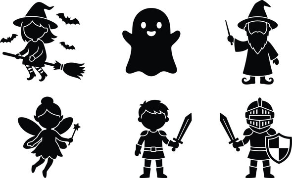 Fantasy characters vector illustration featuring witch, ghost, wizard, fairy, squire and knight silhouettes