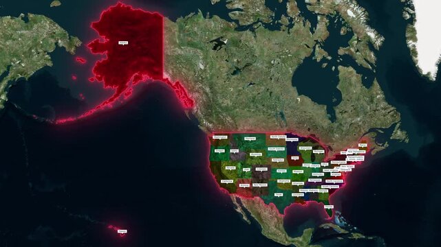 3D Animated Map of the United States Highlighting 50 State Borders, Flag Overlay, and North American Topography