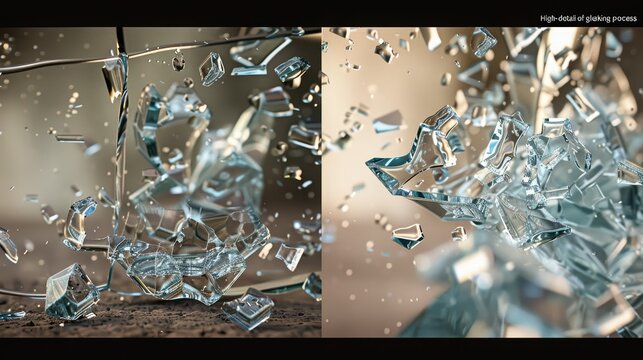 Broken glass fragments explode into small flying pieces during a dynamic high-speed shattering process in close-up.