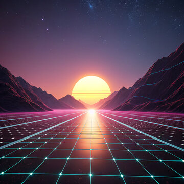 Futuristic retro 80s synthwave neon grid landscape isolated on transparent background.
