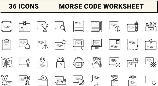 Morse Code Card Visitor Activity Sheet Web Icon Set in Linear Style. Collection of Cipher Activity line icons, including decoding, interactive tour, visitor tasks, exhibits, puzzles, workshop.