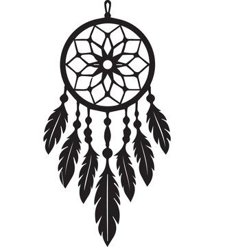 Black and white circular dreamcatcher vector illustration with hanging feathers and beads isolated on white background