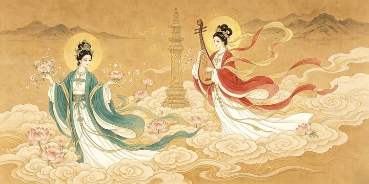 Two Flying Apsaras One Holding Lotus One Playing Pipa Pagoda Auspicious Clouds Falling Petals Gold Leaf Background Celestial