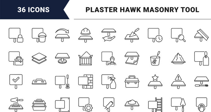 Plastering Hawk Plaster Carry Work Web Icon Set in Linear Style. Collection of Masonry Tool line icons, including drywalling, plastering, mortar handling, troweling, surface finishing, masonry.