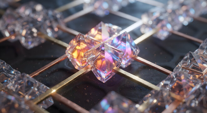 Abstract next-generation perovskite solar cell texture with iridescent crystals and gold conduits