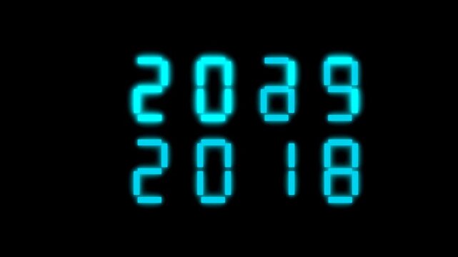 Glowing Blue Digital Year Odometer Rolling Animation on Black Background