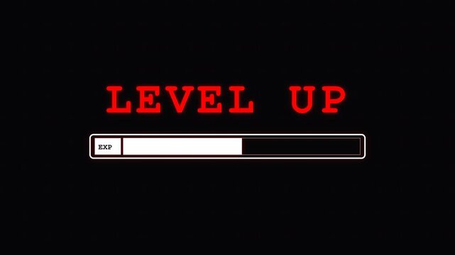 Video clip of glowing red level up text and exp progress bar on a dark digital grid background.
