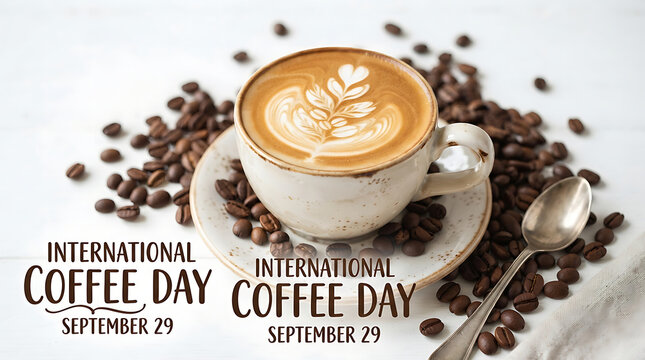 "INTERNATIONAL COFFEE DAY SEPTEMBER 29" repeated twice in a stylish font below.