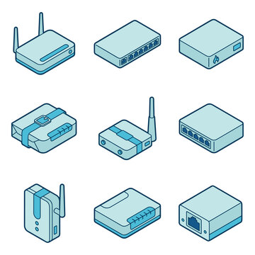 Isometric networking hardware icons showing routers and modems