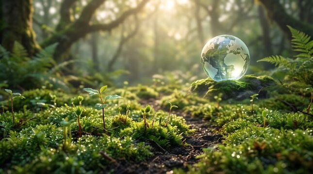 Crystal earth globe resting on mossy stone surface surrounded by tiny green seedlings in a misty enchanted morning forest with soft warm cinematic golden sunlight