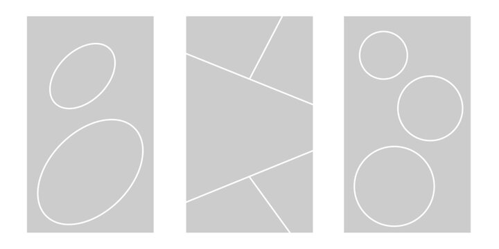Abstract geometric triptych photo collage template with white frames on grey background