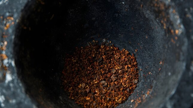 Cinematic close-up of a well-used volcanic stone cobek mortar interior with crushed organic spices for authentic traditional cooking preparations