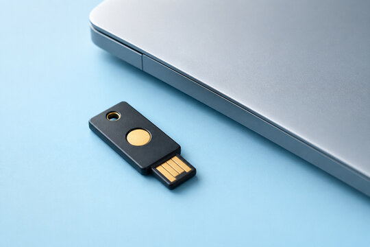USB Sicherheitsschl&uuml;ssel neben Laptop zur sicheren Anmeldung
