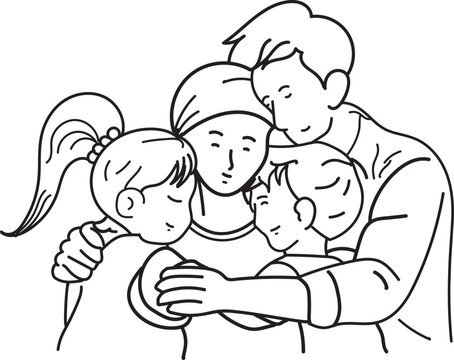 Family embraces warmly, sharing comfort and love. Simple lines show tender connection, peaceful mood. Perfect for themes of togetherness, support, or home. Ideal for parenting, family events