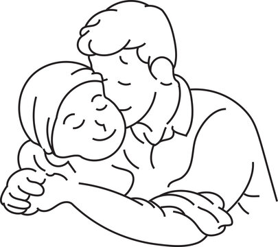 Warm embrace between two smiling figures. Soft lines suggest gentle affection and comfort. Simple outlines create a calming, heartfelt moment. Ideal for themes of care, family, or emotional support