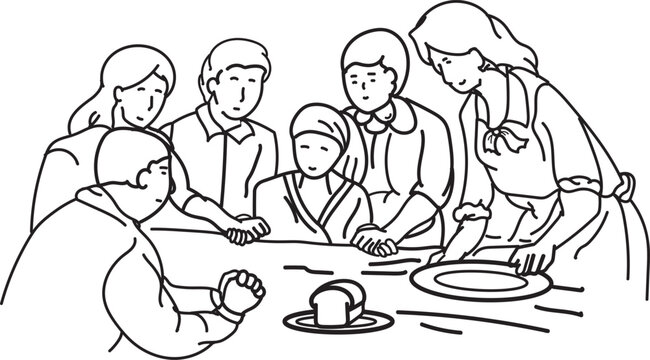 Illustration of family praying together holding hands around dining table with sick mother wearing headscarf isolated on white background, family prayer for healing, cancer patient, health, medical
