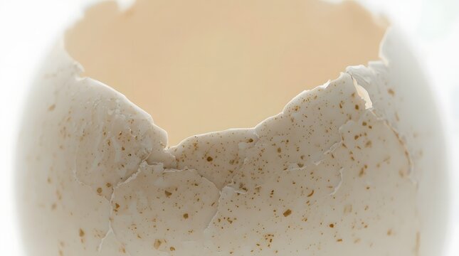 Cinematic extreme macro of a cracked white speckled eggshell surface with detailed calcium carbonate texture and jagged edges