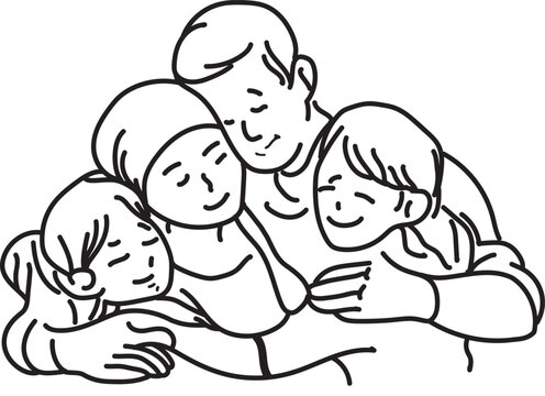 Simple black and white line drawing shows warm family hug. Parents embrace two children, all smiling with joy. Their closeness conveys love, comfort and unity. Ideal for themes of family illustration