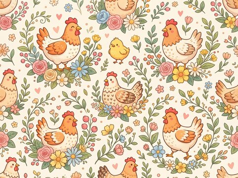 cute chicken floral elements seamless vector cartoon pattern  

