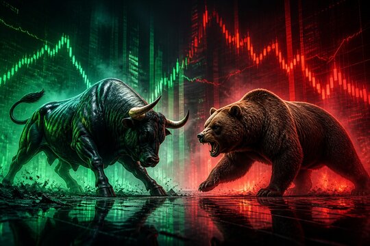 Bull facing off with bear before stock market chart