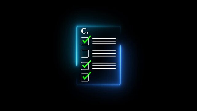 Neon Checklist Document with Green Check marks and Blue Glow on Black Background.