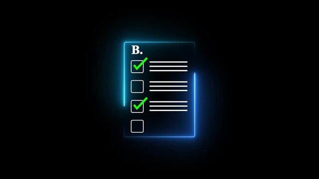 Task List Checklist Icon with Green Check marks and Futuristic Blue Light on Black Background 4k video animation.