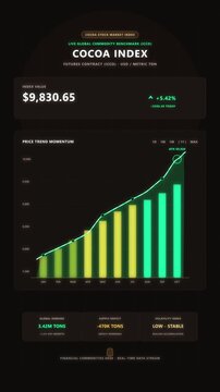Cocoa index stock market growth chart animation with rising bars and line graph on dark background, financial data visualization