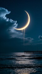 Fototapeta premium Crescent moon glowing and dripping golden stardust over dark ocean with pier under starry night