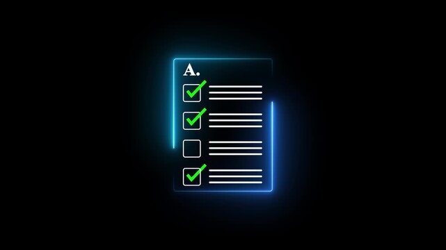 Neon Blue Checklist Form Icon with Green Check marks, Glowing Document and Task List Symbol on Black Background.