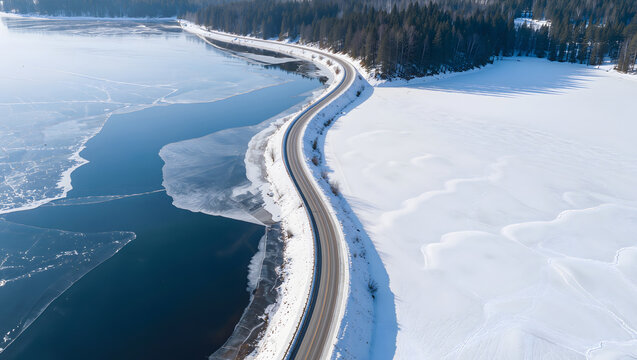 The winter road gently follows the shore of a vast frozen lake, surrounded by snow and a coniferous forest.