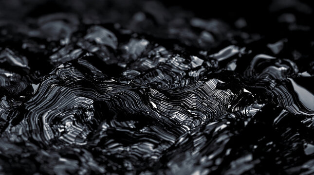 Black obsidian volcanic glass macro with rippled fracture ridges