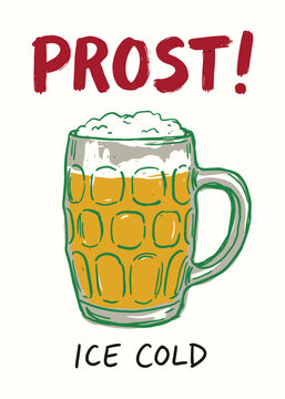 Hand drawn beer mug illustration with Prost text for festival celebration