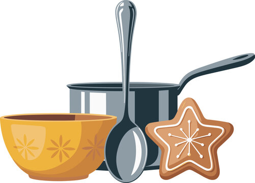 Collection of kitchen items including a yellow star bowl a silver spoon a metal pot with a handle and a decorated star cookie vector on white background.