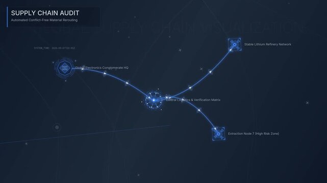 Futuristic supply chain audit interface showing AI automated material rerouting to ethical certified nodes after detecting compliance violations in high risk extraction zones