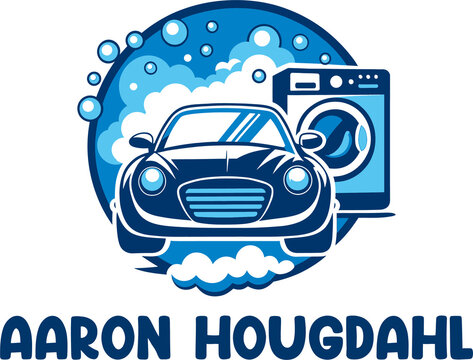 A blue car wash featuring a front view of a vehicle, a washing machine, soap bubbles, and the text aaron hougdahl on a white background