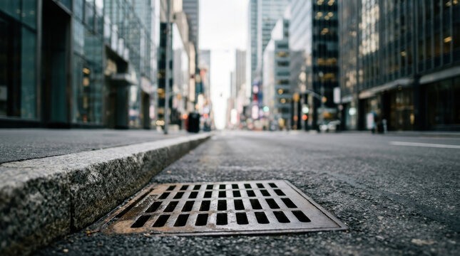 Storm drain on a city street between tall skyscrapers in downtown