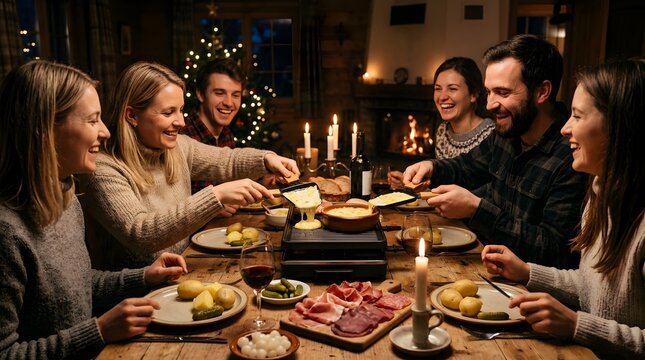 Happy friends gathering together around a table for a festive raclette dinner