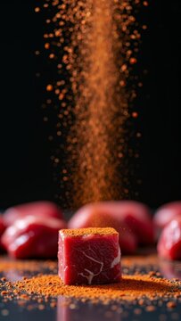 Raw red meat cube seasoning, preparing beef for cooking, sprinkling spice onto fresh ingredient