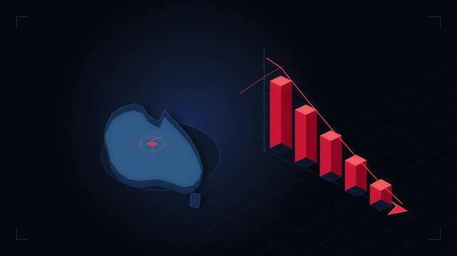 Digital representation of australia showing economic downturn with falling red bar graph and downward trend arrow