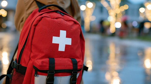 A bright red emergency kit backpack with a white cross symbol sits in the rain.