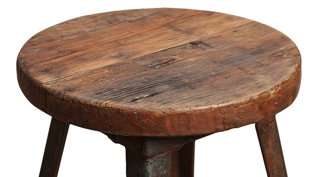Rustic vintage wooden round stool seat close up.